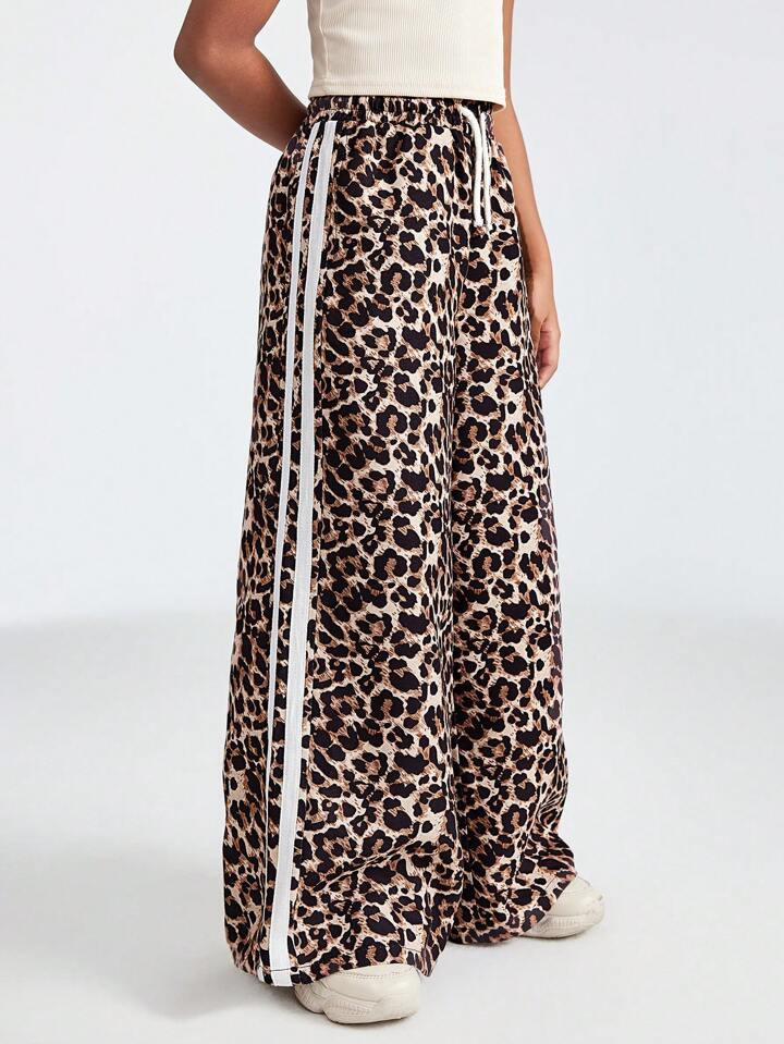 Coolane Kids Tween Girls Leopard Print Drawstring Waist Wide Leg Pants | SHEIN
