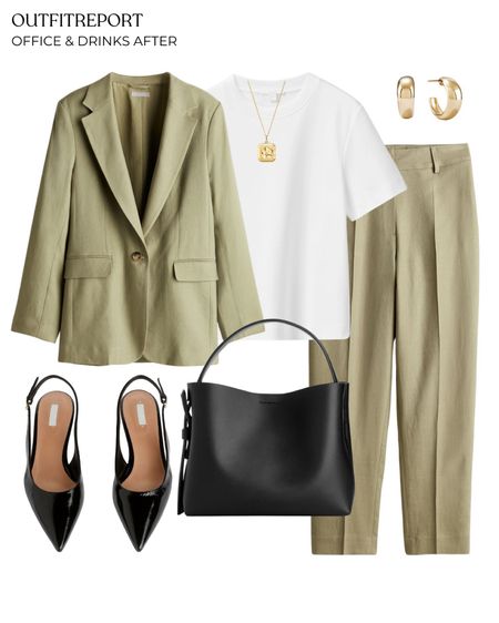Classic white tshirt green khaki blazer and trousers 

#LTKstyletip #LTKitbag #LTKshoecrush