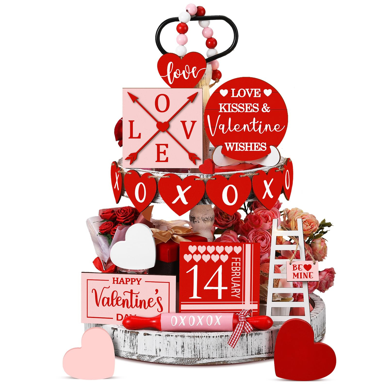 Spiareal 15 Pcs Valentine's Day Tiered Tray Decor Set Red Heart Wooden Signs Valentines Table Dec... | Amazon (US)