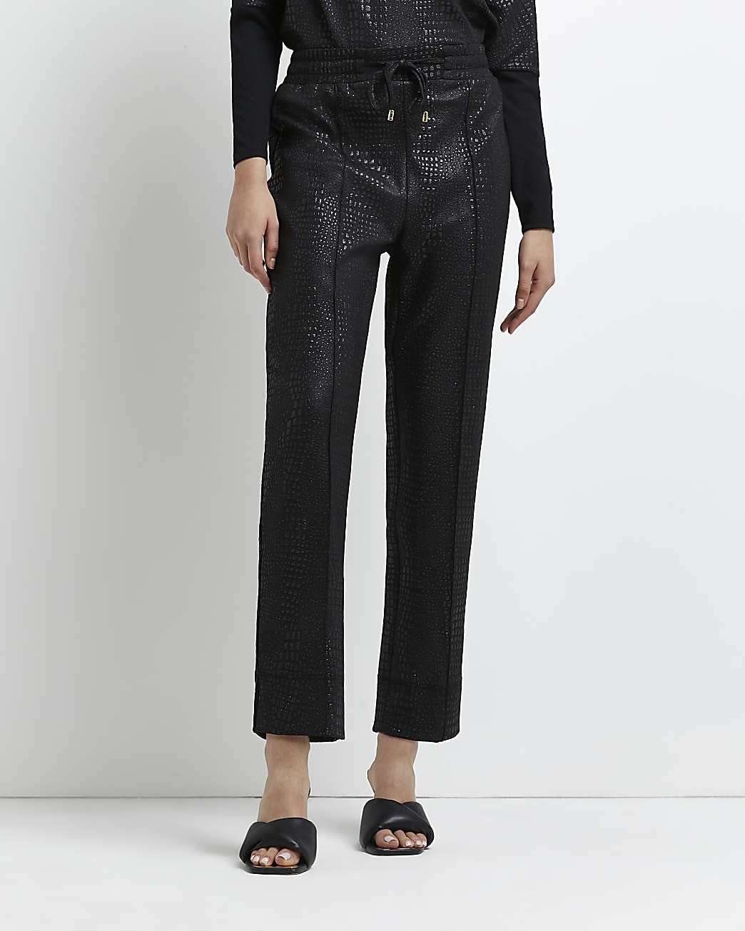 Black croc embossed coated trousers | River Island (UK & IE)
