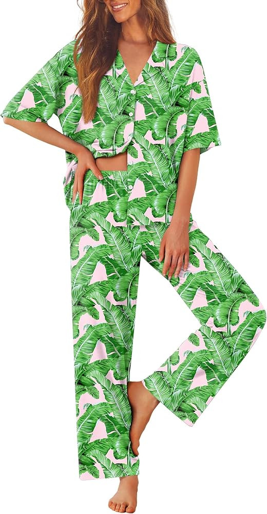 Ekouaer Women Pajamas Set Button Down Sleepwear Short Sleeve Pjs Soft Comfy Nightwear with Long P... | Amazon (US)