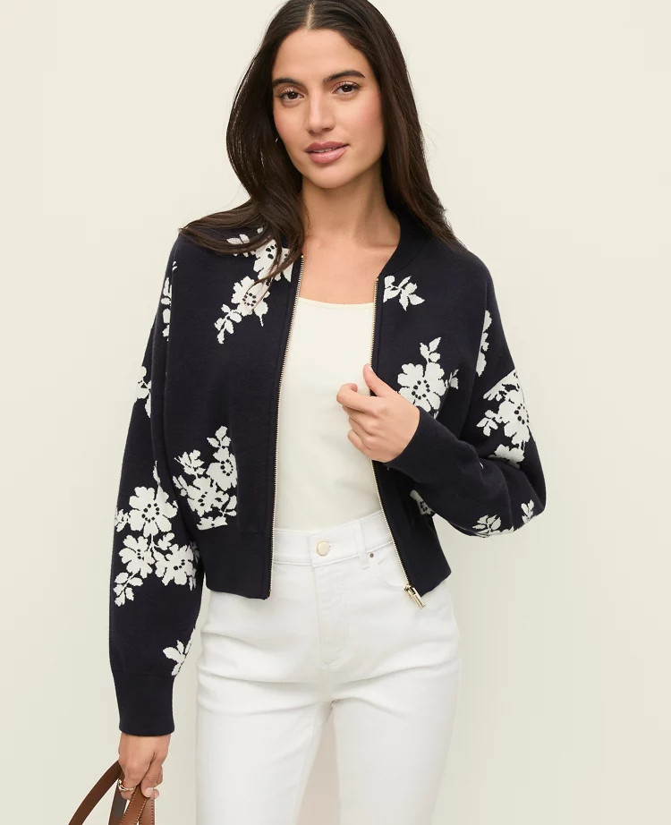 Floral Jacquard Bomber Sweater Jacket | Ann Taylor