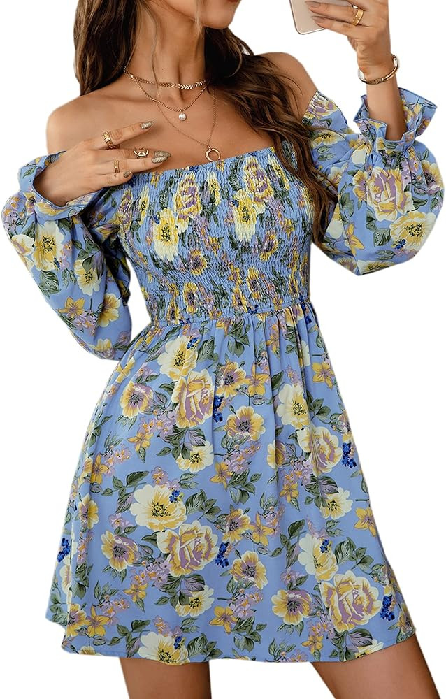 ECOWISH Womens Floral Dresses Square Neck A-Line Ruffle Tie Back Casual Flowy Mini Dress for Women S | Amazon (US)
