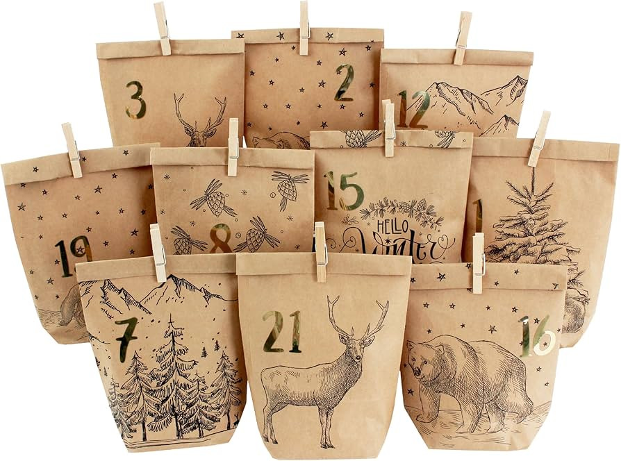 Papierdrachen DIY Advent Calendar for Filling, 24 Printed Gift Bags and 24 Number Stickers and Cl... | Amazon (UK)