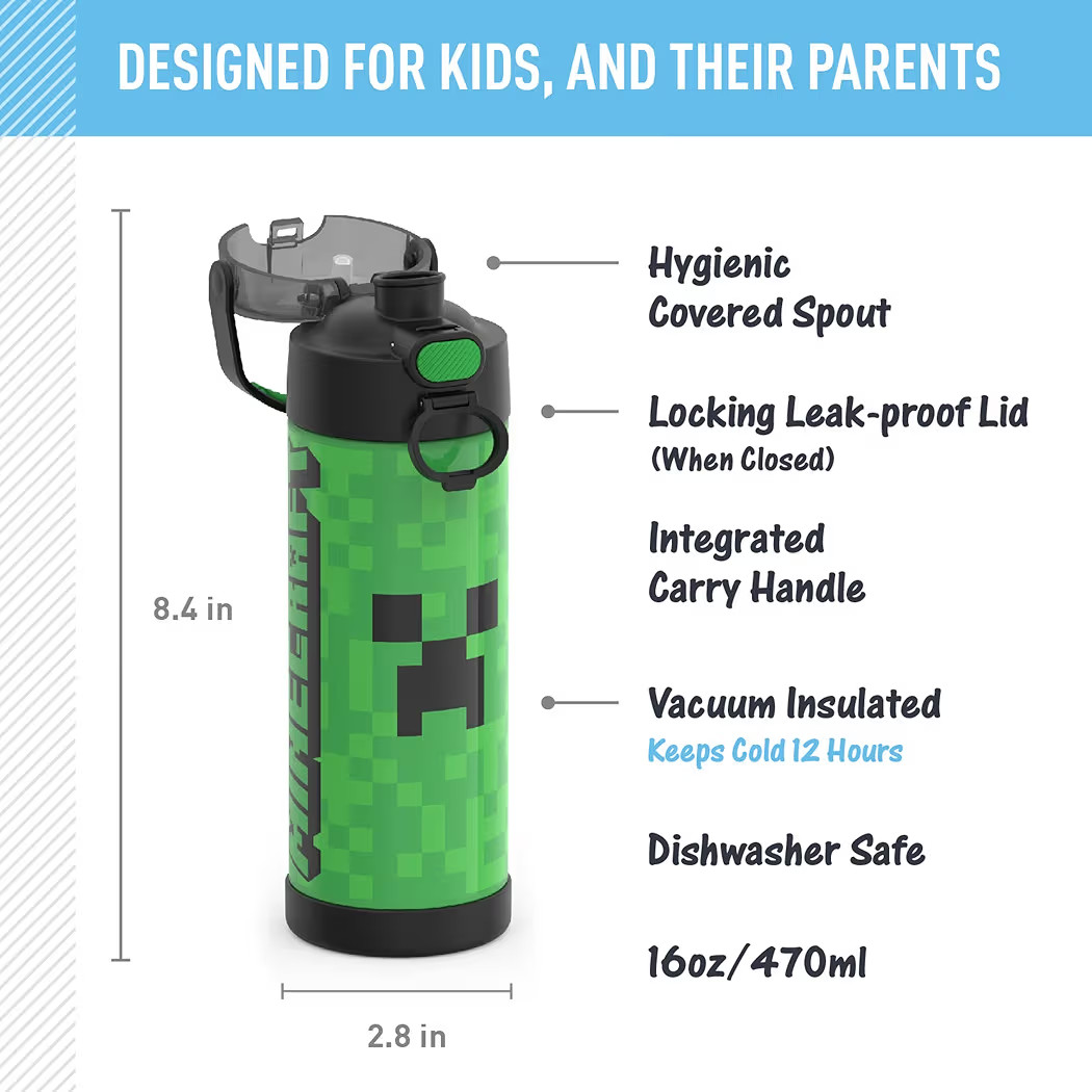 THERMOS FUNTAINER 16 Ounce Stainless Steel Vacuum Insulated Bottle with Wide Spout Lid, MINECRAFT | Amazon (US)