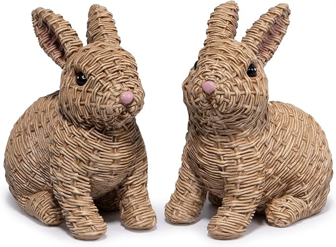 Hodao Set of 2 Woven Easter Bunny Figurines - 4.8" Tall White Rabbit Resin Sculptures with Handcr... | Amazon (US)