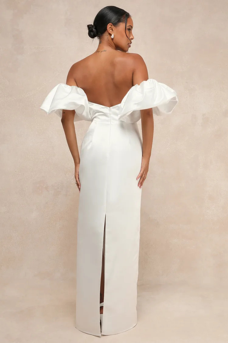 Profound Love White Satin Pleated Puff Sleeve Maxi Dress | Lulus