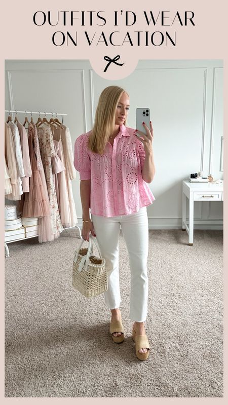 Outfits I’d wear on vacation- this pink eyelet top from Petal and Pup paired with my favorite MOTHER jeans, the perfect summer bag from Nordstrom and Target platform heels. Everything is tts   

#LTKSeasonal #LTKstyletip #LTKshoecrush