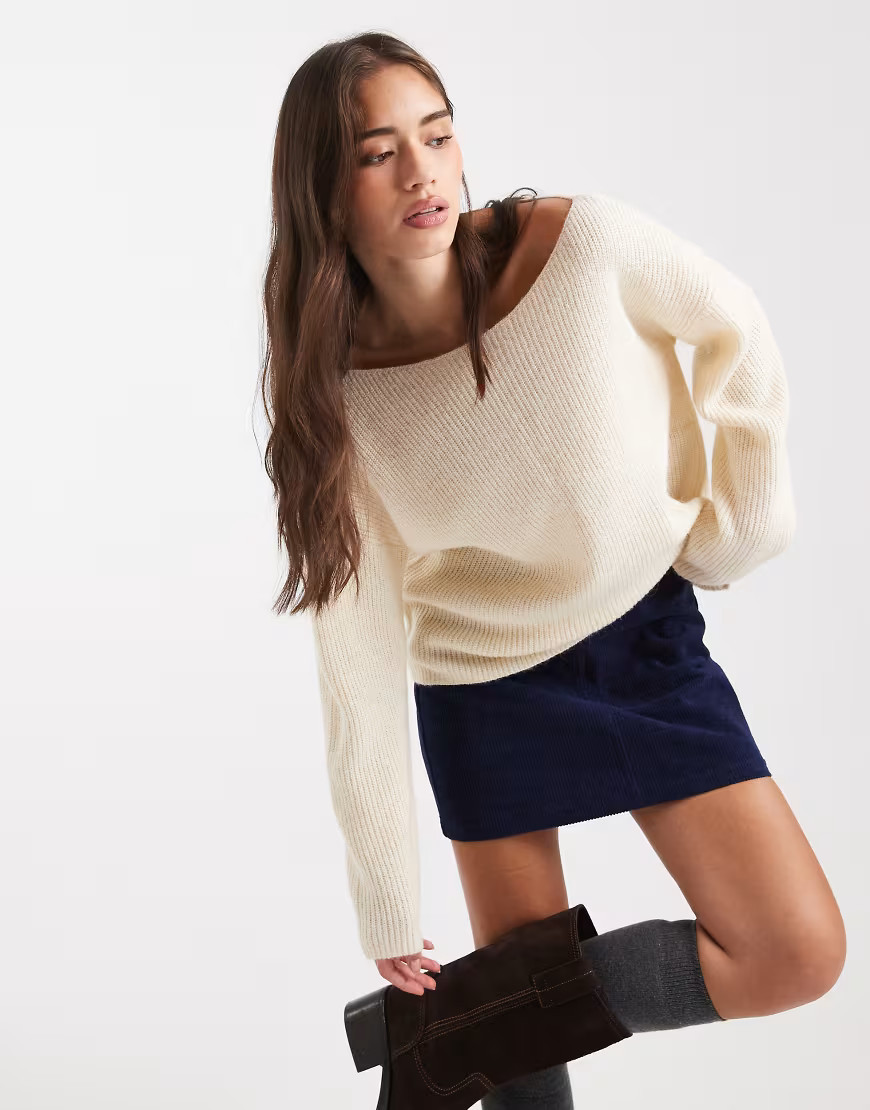Miss Selfridge slouchy off the shoulder sweater in cream-White | ASOS (Global)