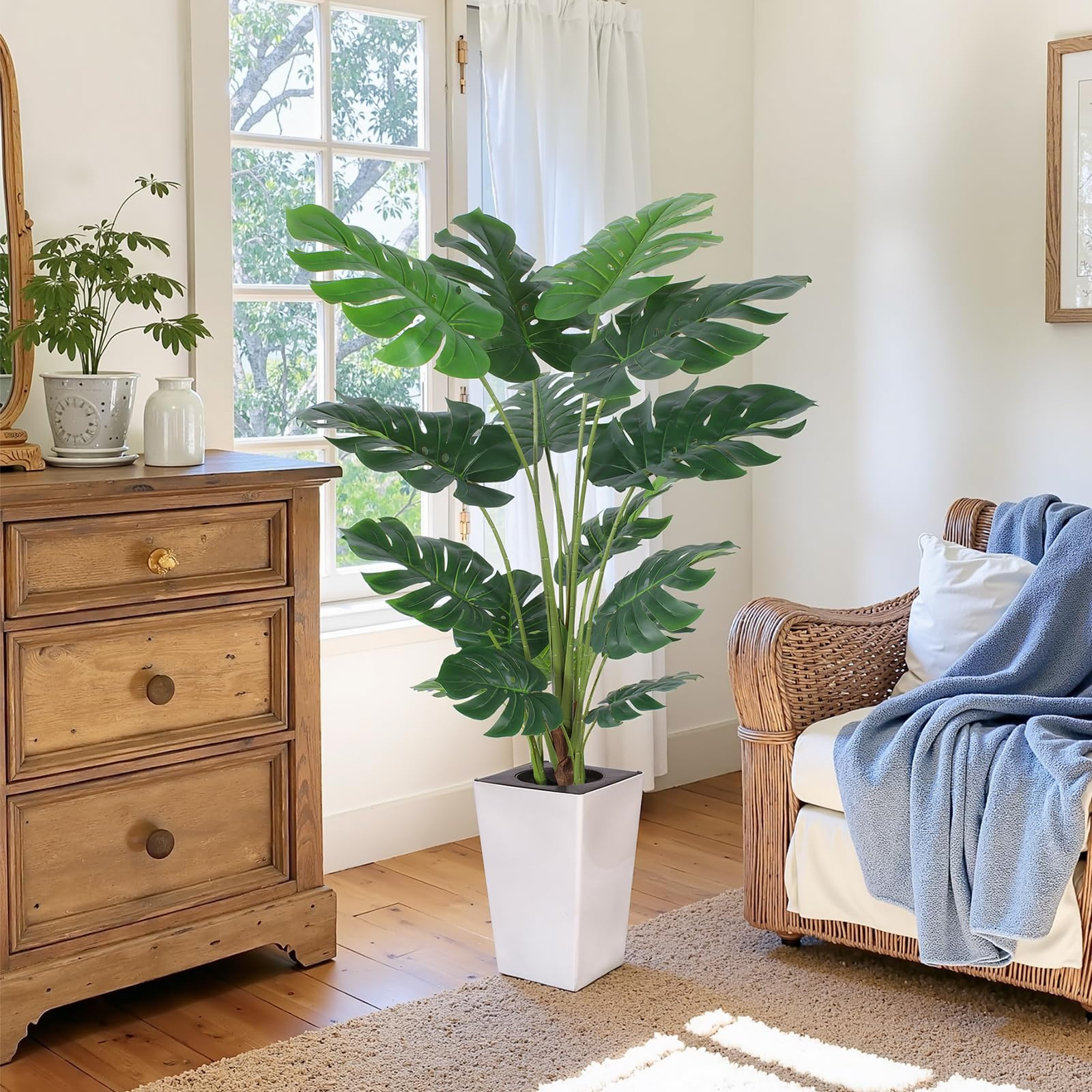 Planta artificial Monstera de 5 pies, plantas falsas realistas con hojas de seda y tronco de text... | Amazon (US)