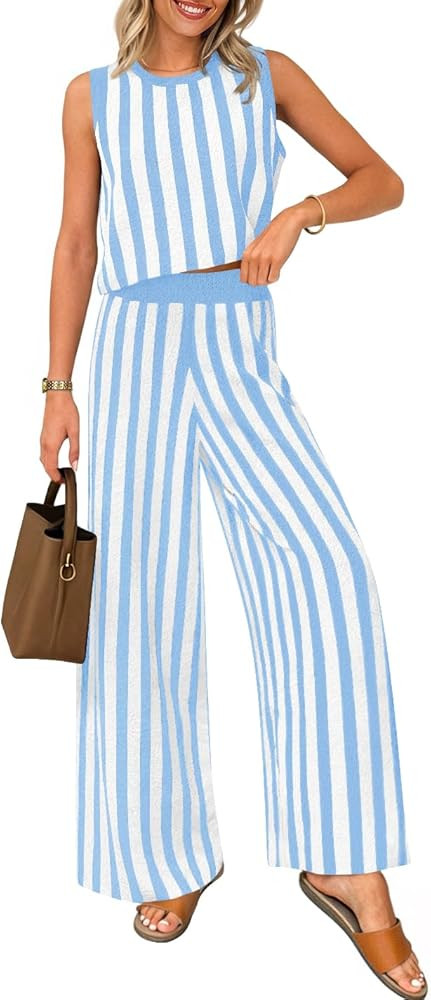ZESICA Women's Summer Two Piece Outfits Crop Tank Tops and Wide Leg Pants Striped Lounge Travel S... | Amazon (US)