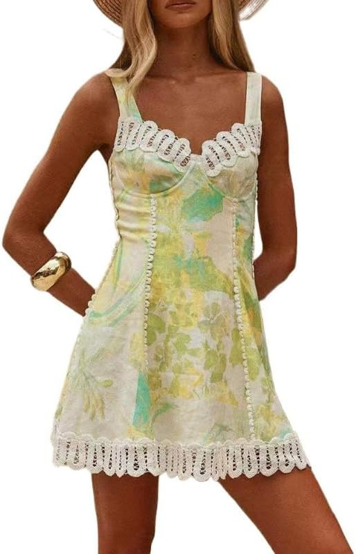 Women's Summer Linen Spaghetti-Strap Lace Beach Resort Dress | Amazon (US)