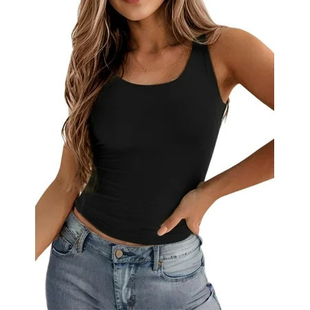 Zeagoo Women's Double Lined Square Neck Tank Top Sleeveless Basic Crop Tops Trendy Y2K Going Out Tops | Walmart (US)