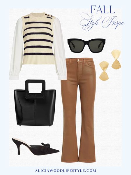 Cool, casual and on trend for Fall!

High rise coated boot cut jeans 
Striped cotton blend sweater with shirting sleeve detail for an all in one look
Suede bow mule sandals 
Black leather mini tote 
gold earrings from Tuckernuck
Celine Triomphe round sunglasses 

#LTKover40 #LTKSeasonal #LTKstyletip