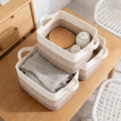 Woven Storage Baskets 3-Pack, Rectangular Decorative Organizer Bins For Shelves, Closet, Nursery, Handmade From Soft Natural Cotton Rope For Toys, Boo | Wayfair North America