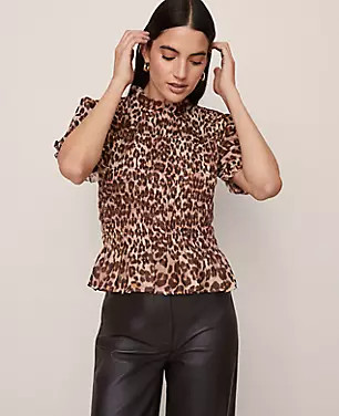 Animal Print Smocked Ruffled Top | Ann Taylor