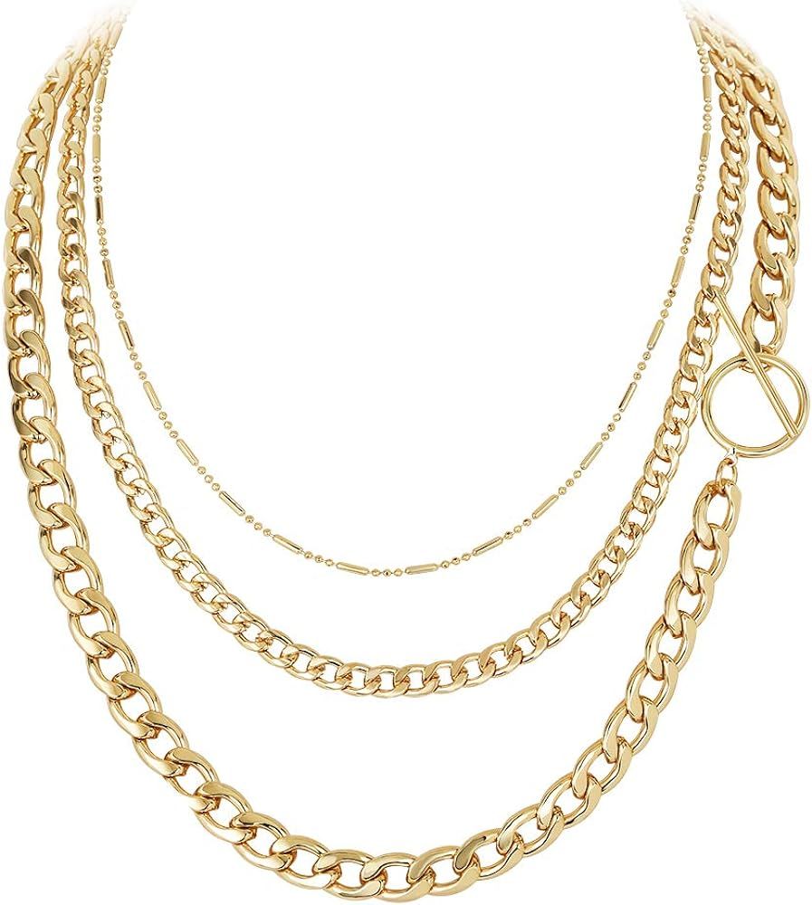 FAMARINE 14K Gold Plated Chain Necklace for Women Multilayer Chains Cuban Link Paperclip Chain Ne... | Amazon (US)