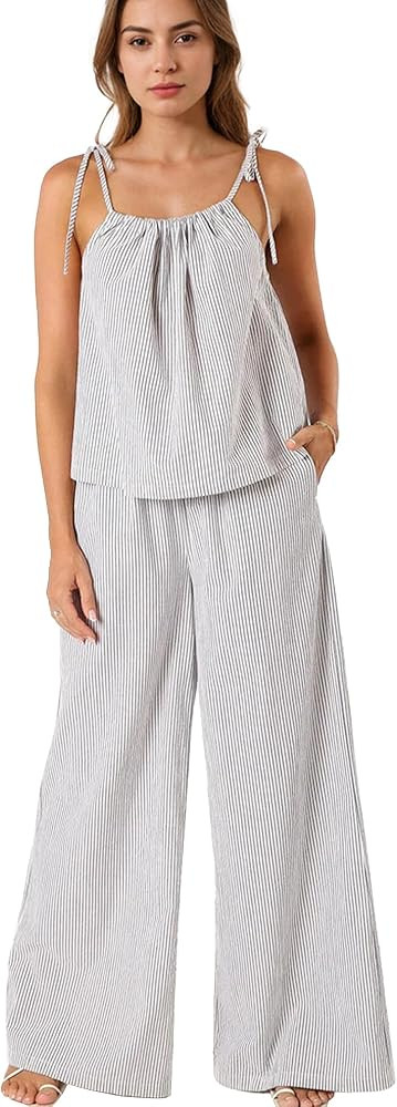 Hixiaohe Pajama Sets for Women 2 Piece Lounge Striped Sleeveless Tops Wide Leg Pants Matching Set... | Amazon (US)