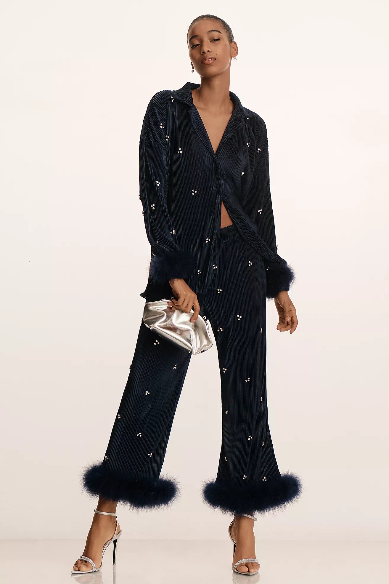 Waverles Jeweled Pleated Faux Feather Pajama Set | Anthropologie (US)