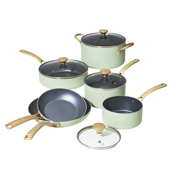 Beautiful 10 PC Cookware Set, Sage Green by Drew Barrymore - Walmart.com | Walmart (US)