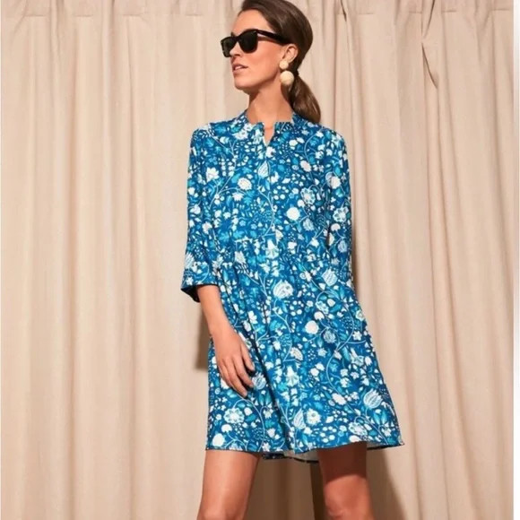 Tuckernuck Santorini Bloom Royal Floral & Flowy Shirt Dress 3/4 Sleeve Medium | Poshmark