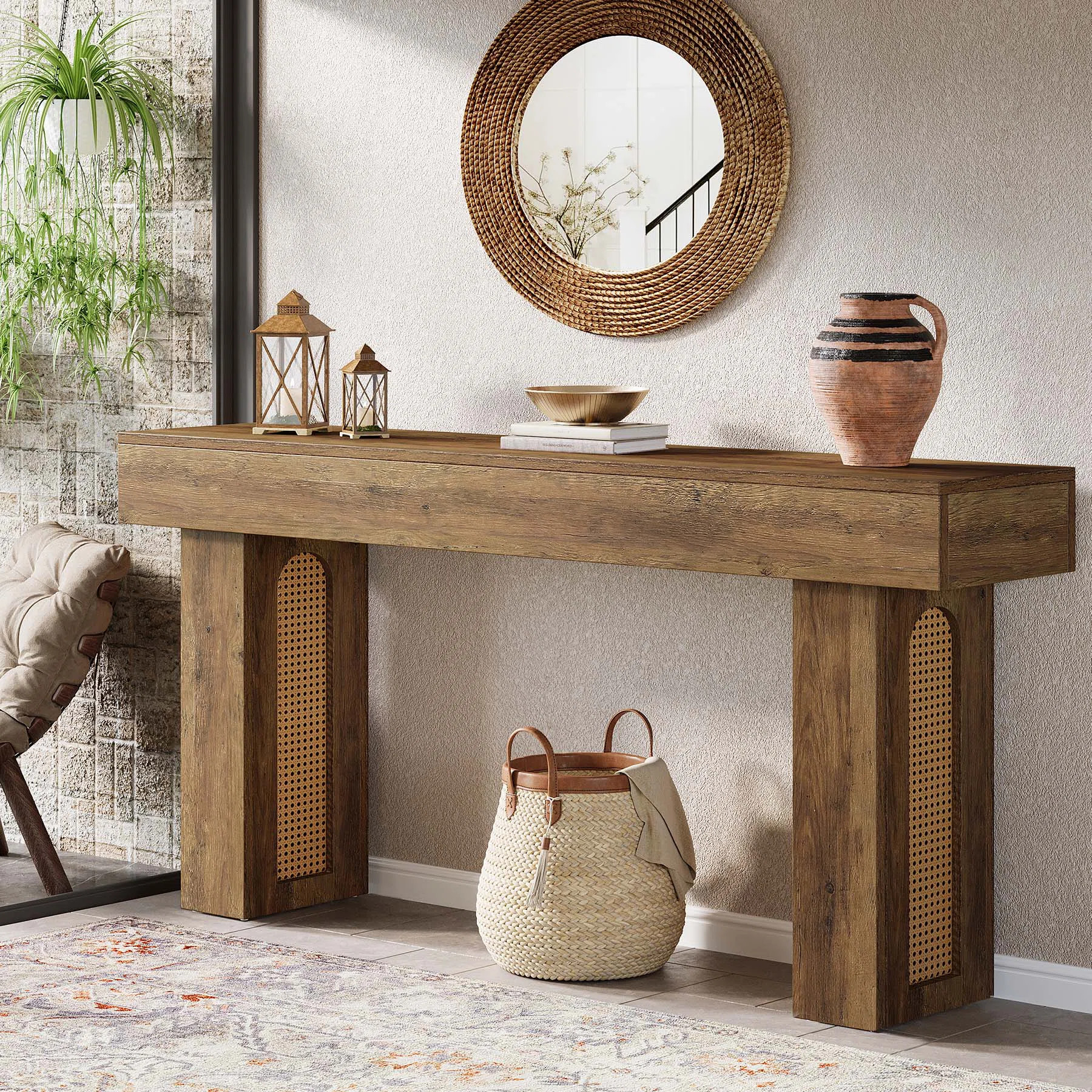 63 Inch Rattan Console Table, Farmhouse Entryway Table Sofa Table With Heavy Duty Legs | Wayfair North America