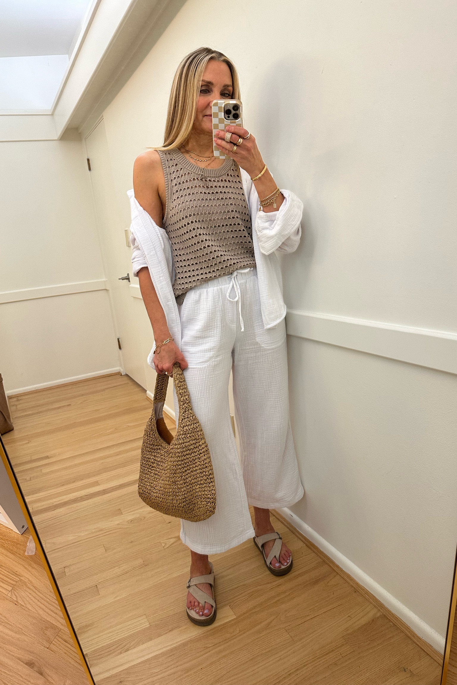 Summer travel outfit! Splendid sweater crochet tank, gauzy button up, gauzy wide leg crop pants, Mephisto sandals. Wearing xs.  White pants, vacation outfit, summer sandal, comfort sandal, 