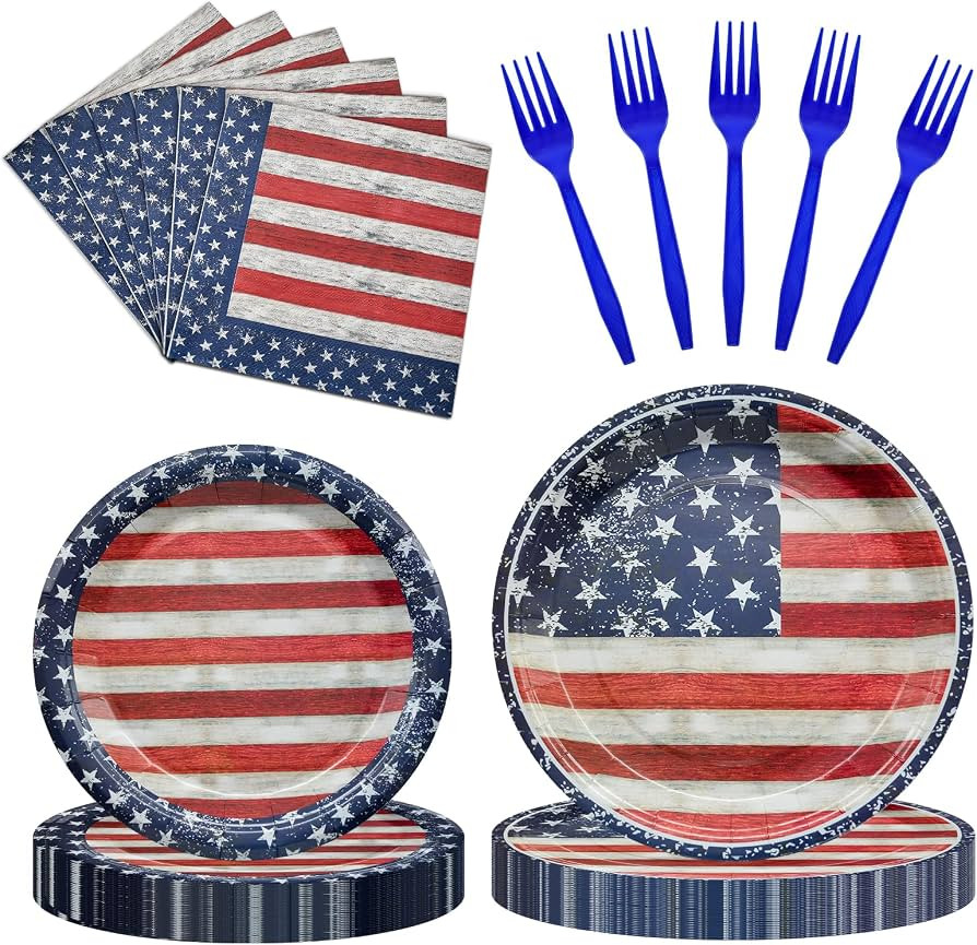 96 Pieces 4th of July Plates and Napkins Set, Vintage American Flag Disposable Tableware with Pap... | Amazon (US)