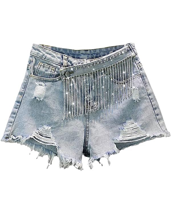 Denim Patchwork Diamond Tassel Shorts for Women, Female High Waist Casual Hole Shorts | Amazon (US)
