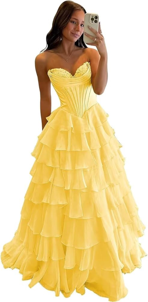 Ruffle Prom Dress Corset Tiered 2026 Strapless Long Chiffon Formal Evening Gown with Slit | Amazon (US)