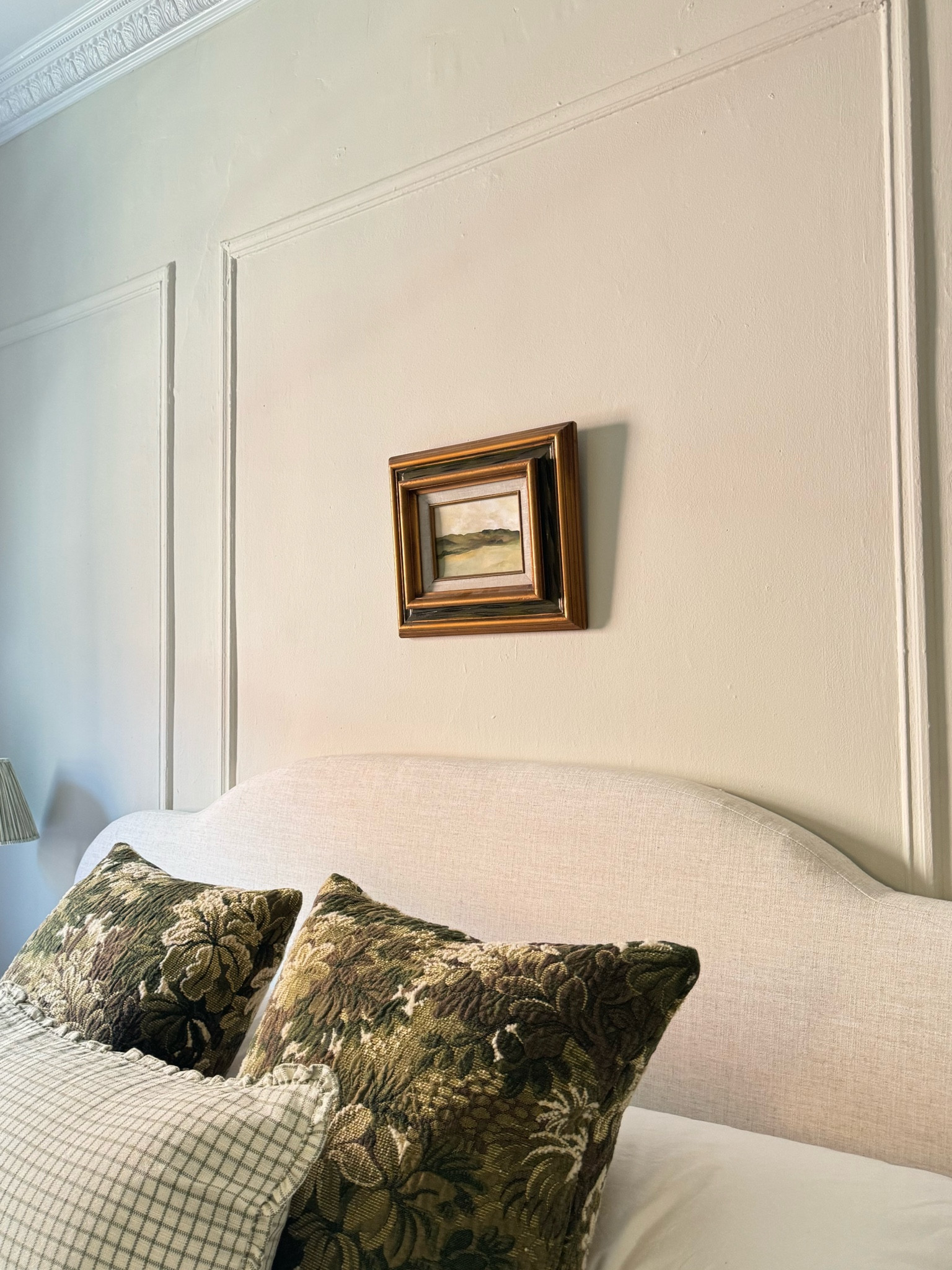 Bedroom details- Scalamandre tapestry pillows, plaid throw pillow, upholstered headboard. Farrow & Ball paint, crown molding, similar framed landscape art  

#LTKHome