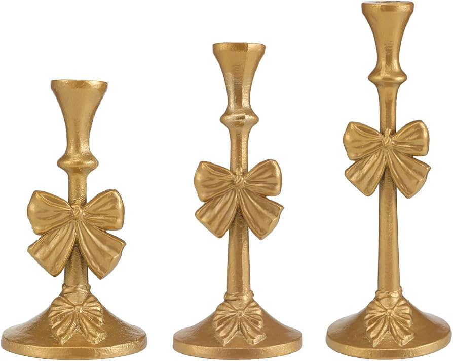 Mumufy 3 Pcs Christmas Gold Bow Taper Candle Holders Cast Iron Pillar Candle Holders Multiple Siz... | Amazon (US)