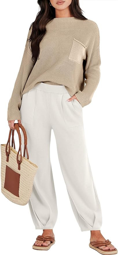 Caracilia Womens 2 Piece Outfits Sweater Sets Long Sleeve Knit Tops and Loose Pants Classy Matchi... | Amazon (US)