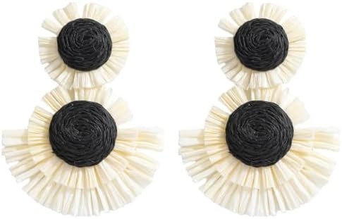 Black White Raffia Flower Earrings for Women, Straw Wrapped Floral Dangle Earring, Handmade Light... | Amazon (US)
