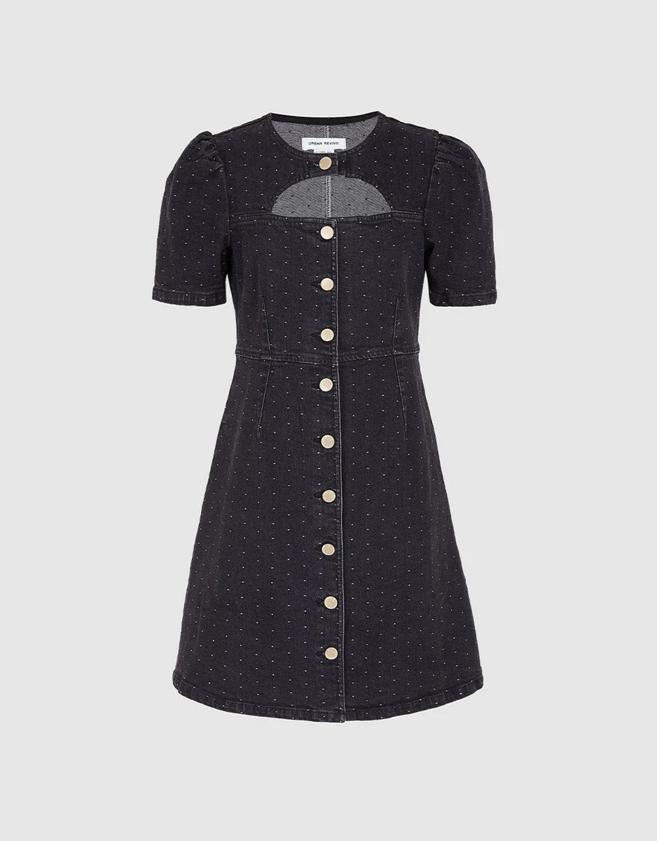 Cut Out Polka Dot Button Front Denim Dress | Urban Revivo