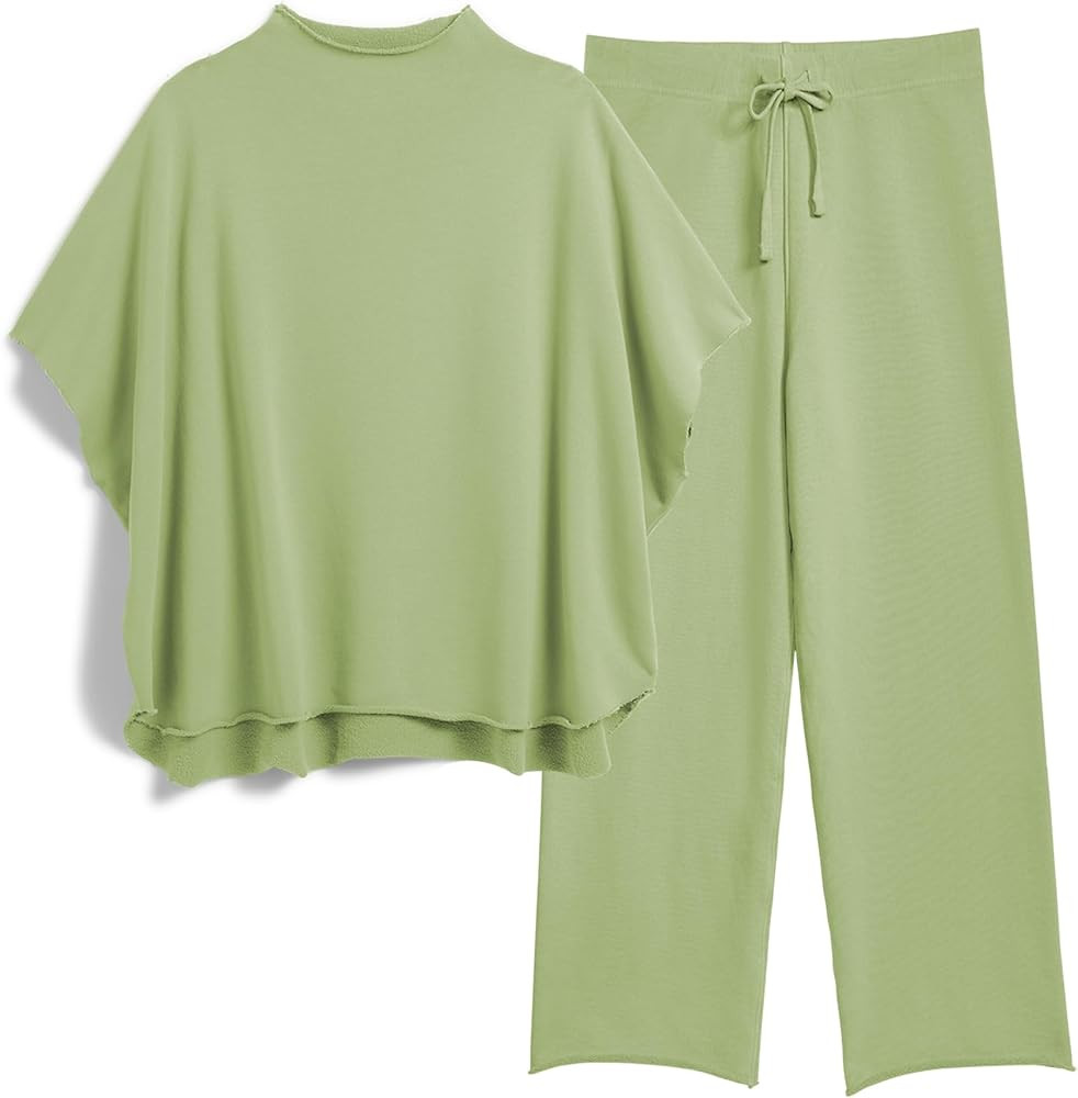 Women's Two Piece Outfits 3/4 Batwing Sleeve Capelet Crew Neck Pullover Top Wide Leg Pants Lounge... | Amazon (US)