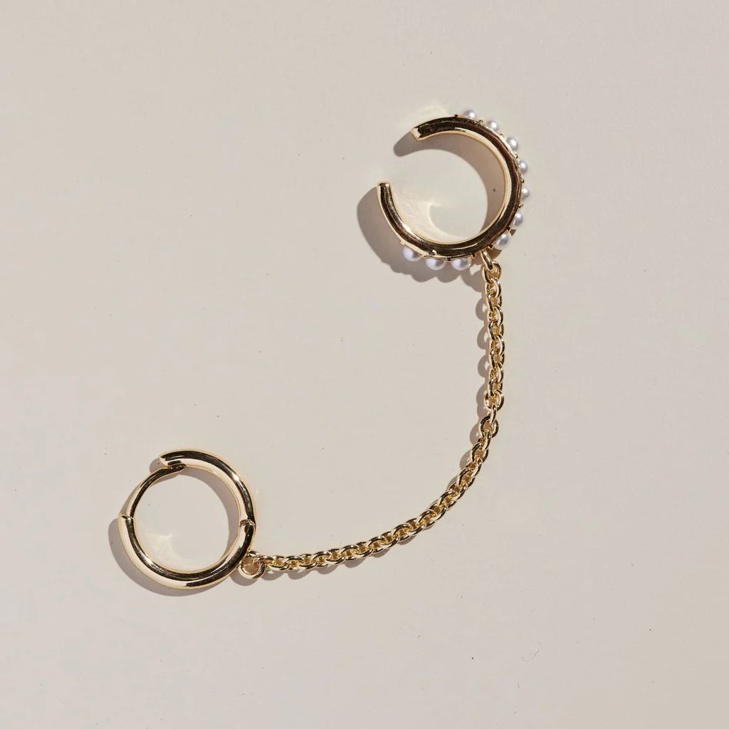 Pearl Chain Huggie with Cuff | Nickel and Suede