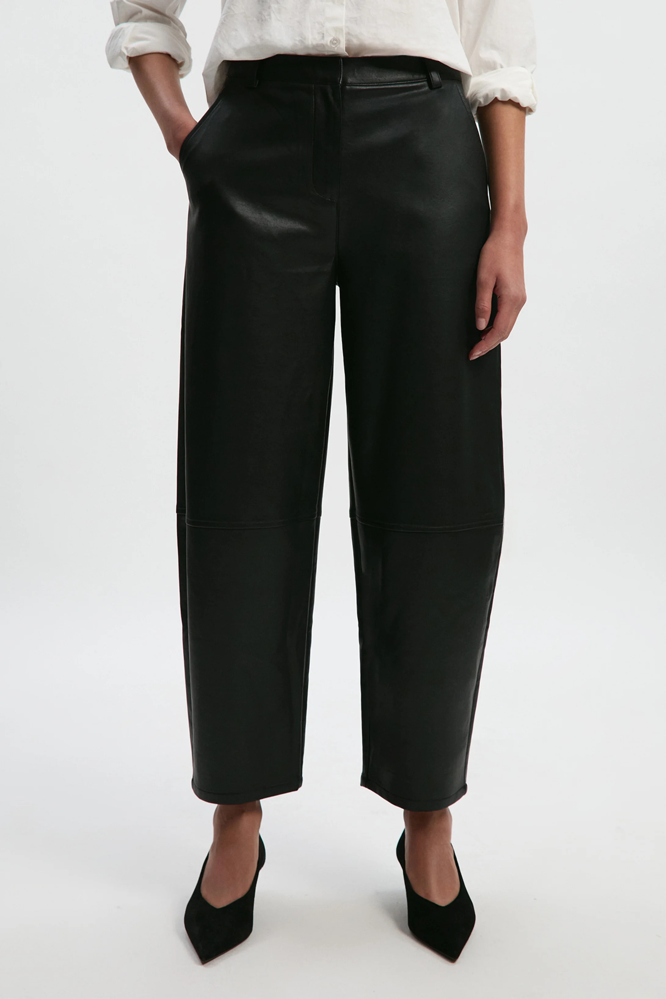 Petite Faux Leather Barrel Leg Trouser | Karen Millen UK + IE + DE + NL