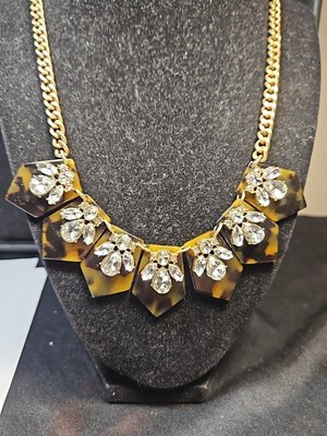 J CREW GOLD TONE BROWN BLACK FAUX TORTOISE SHELL RHINESTONE DANGLE NECKLACE #594 | eBay US