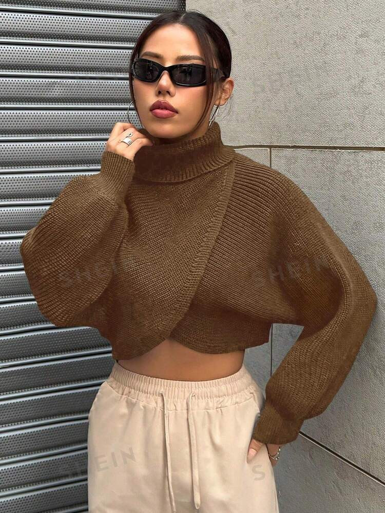 SHEIN MOOSTA 1pc Women Solid Color Turtleneck Criss-Cross Wrap Long Sleeve Casual Sweater | SHEIN... | SHEIN