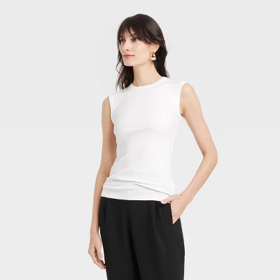 Women's Ribbed Muscle Tank Top - A New Day™ White M: Cotton Modal Blend, Crew Neck, Sleeveless,... | Target