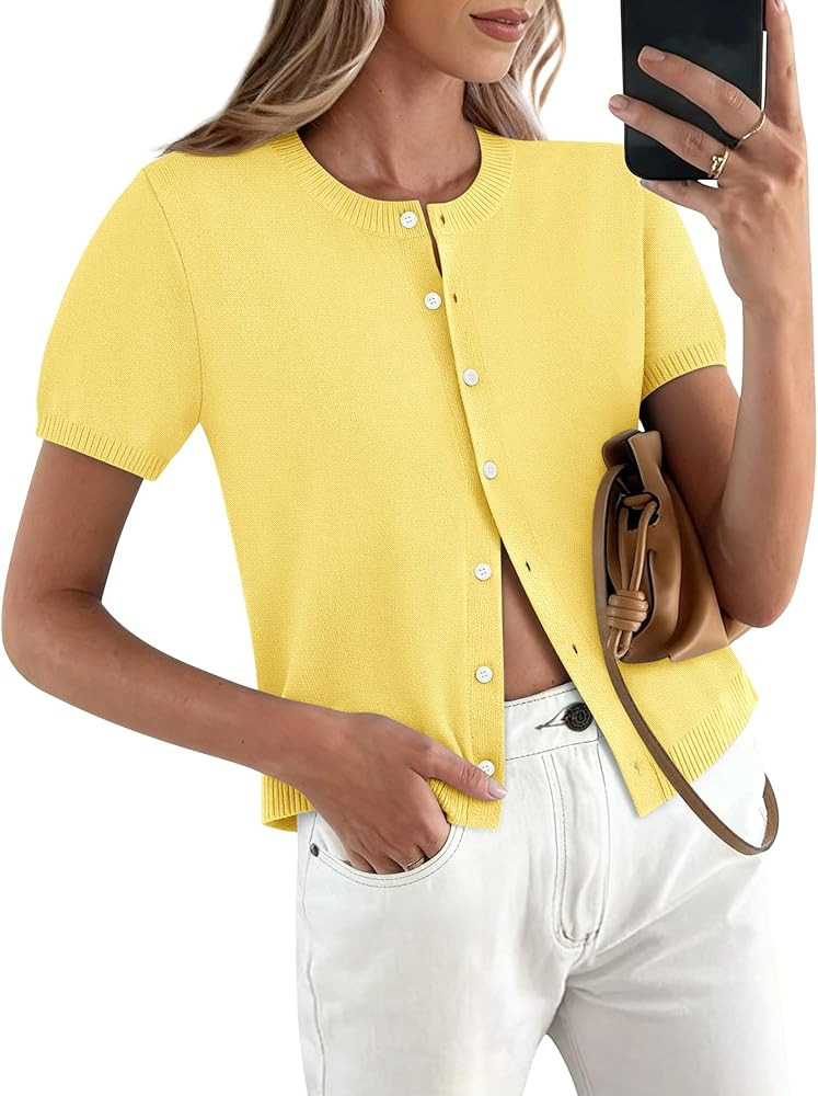 Womens Short Sleeve Cardigan Button Up Lightweight Summer Spring Cute Trendy Thin Cropped Knit Ca... | Amazon (US)