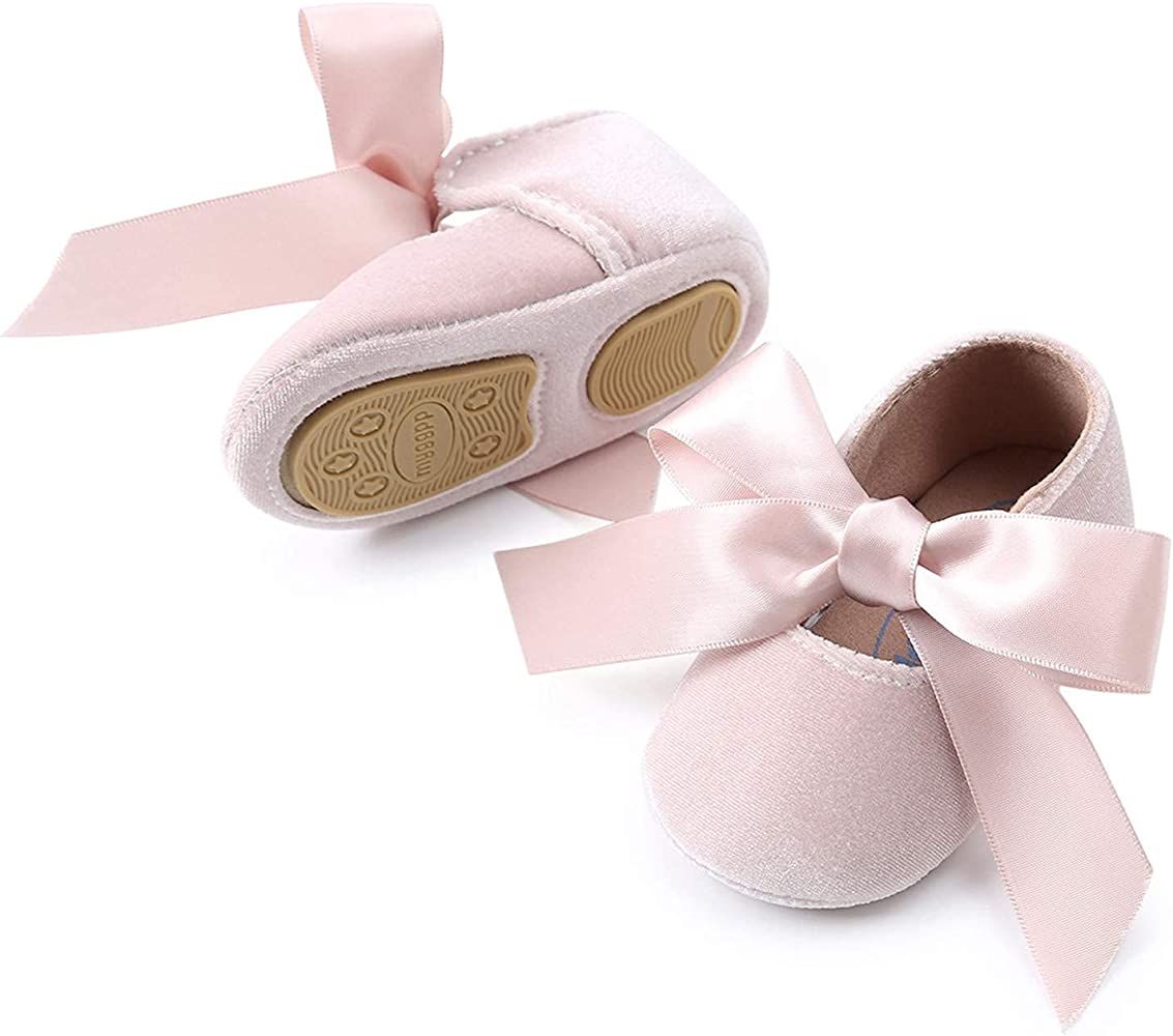 KIDSUN Infant Baby Girls Mary Jane Shoes Soft Sole Ballet Slippers with Bow Princess Dress Wedding S | Amazon (US)