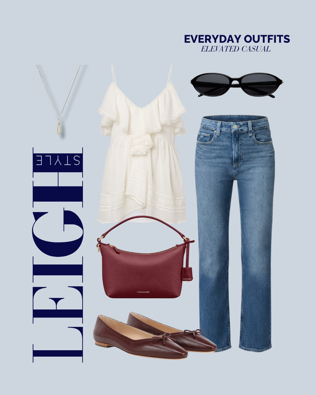 Elevate your casual denim look with a breezy ruffled top, rich burgundy accents, and timeless accessories. 

#EverydayOutfits #ElevatedCasual #CasualChic #OutfitInspo #StreetStyle #LeighStyle #DenimStyle 

 #LTKdayinmylife #LTKootd #LTKBeauty