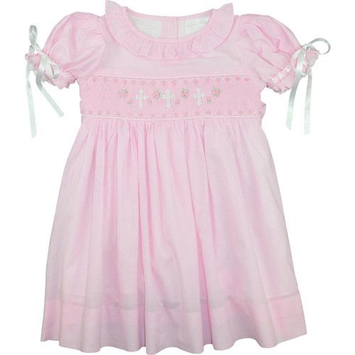 Pink Smocked Cross And Rosette Dress | Cecil and Lou