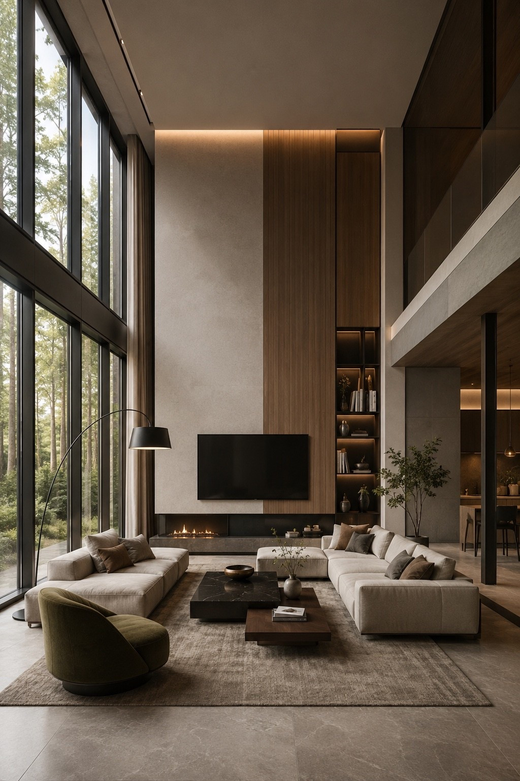 Moody double-height living room with warm wood tones, sleek lines, and an elevated architectural feel.

#livingroomdesign #luxurylivingroom #modernlivingroom #interiordesign #homedecor #moodyinteriors #warmwoodtones #architecturaldesign #neutralinterior #modernhome #livingroominspo #interiorinspo #eleganthome #softluxury #doubleheightceiling #refinedinteriors #homeinspiration #pinteresthome #ltkhome #contemporaryliving