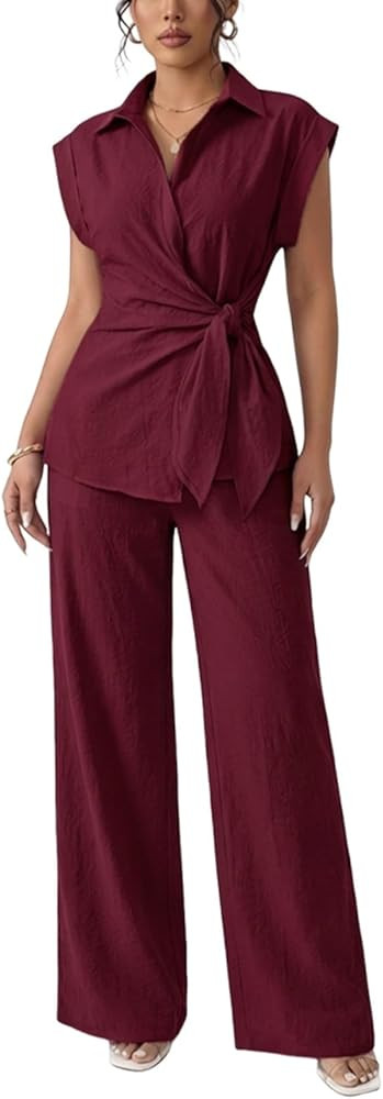 Women's Going Out Two Piece Sets Cap Sleeve Tie Waist Button Down Shirt Wide Leg Pants Dressy Cas... | Amazon (US)