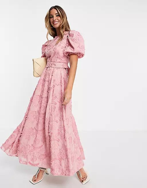 ASOS DESIGN belted midi skater dress in textured jacquard pink | ASOS (Global)