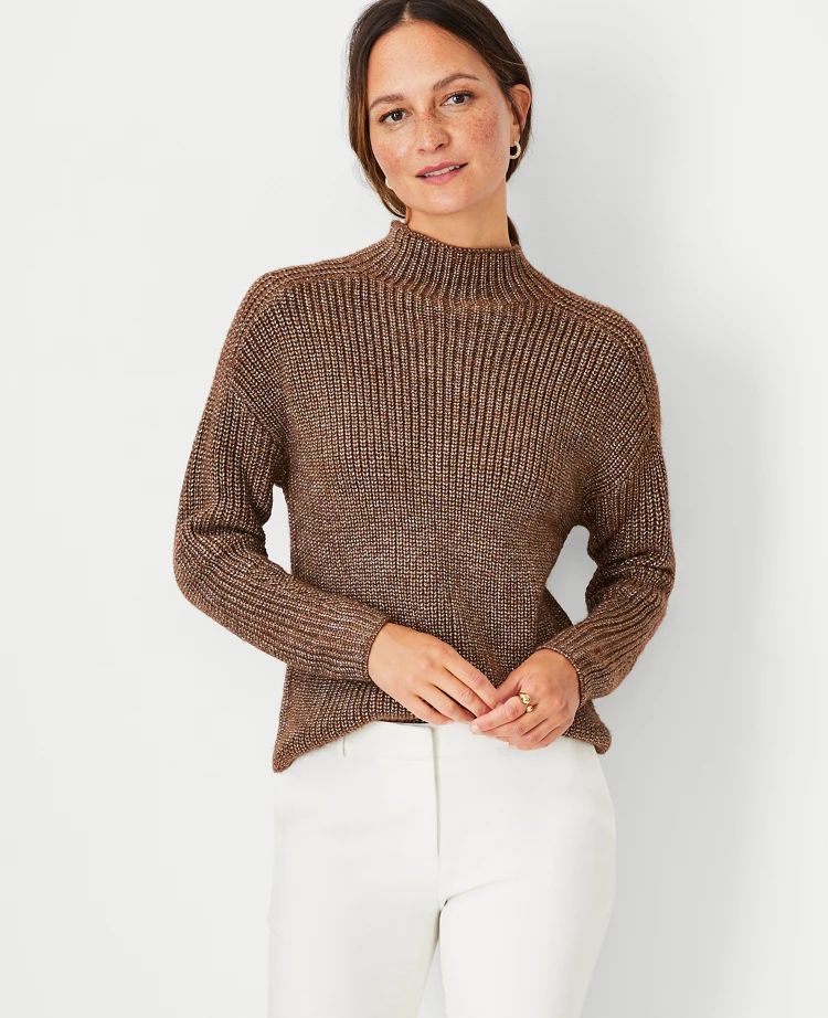 Shimmer Ribbed Mock Neck Sweater | Ann Taylor (US)