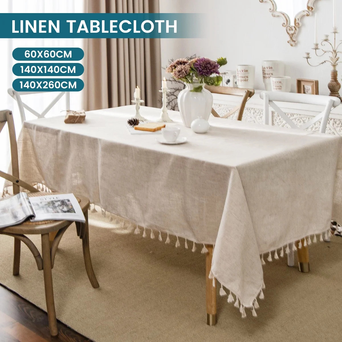 Tzgsonp 60*60cm Rustic Solid Linen Tassel Tablecloth Embroidery Burlap Heavy Duty Wrinkle Free Re... | Walmart (US)